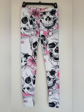 GearBunch Floral Skulls Leggings White/Pink/Black Yoga Workout Size Small
